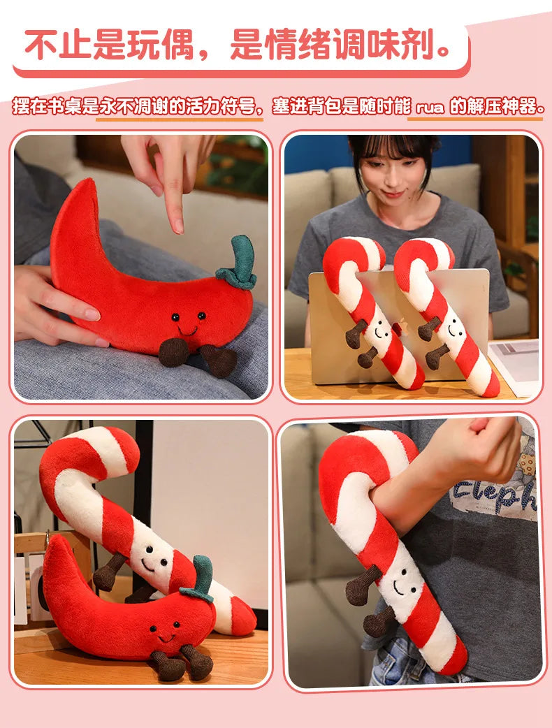 Christmas Bell Pepper and Candy Cane Plush Toy Fun Simulation Chili Peppers and Candy Canes Stuffed Doll Holiday Decor Xmas Gift