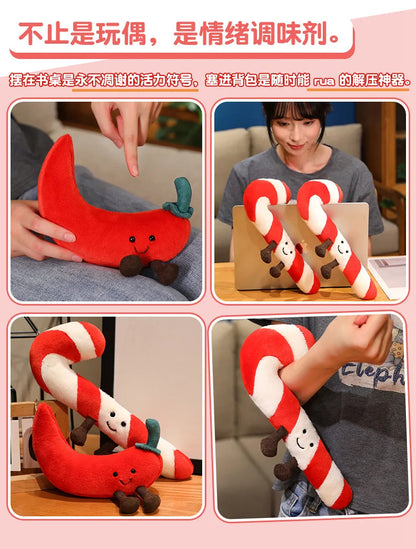 Christmas Bell Pepper and Candy Cane Plush Toy Fun Simulation Chili Peppers and Candy Canes Stuffed Doll Holiday Decor Xmas Gift