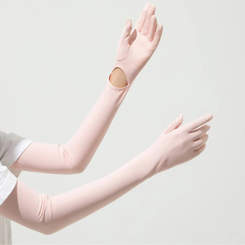 56.5CM Women Summer Ice Silk Sunscreen UV Protection Long Clamshell Gloves Elasticity Antiskid Quick Drying UPF 50+ Adjustable
