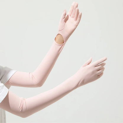 56.5CM Women Summer Ice Silk Sunscreen UV Protection Long Clamshell Gloves Elasticity Antiskid Quick Drying UPF 50+ Adjustable