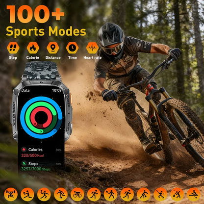 LIGE Military 1400mAh Smart Watch For Men 2.01" HD Screen Waterproof 100+Sports Mode LED Flashlight Smartwatch For Android iOS