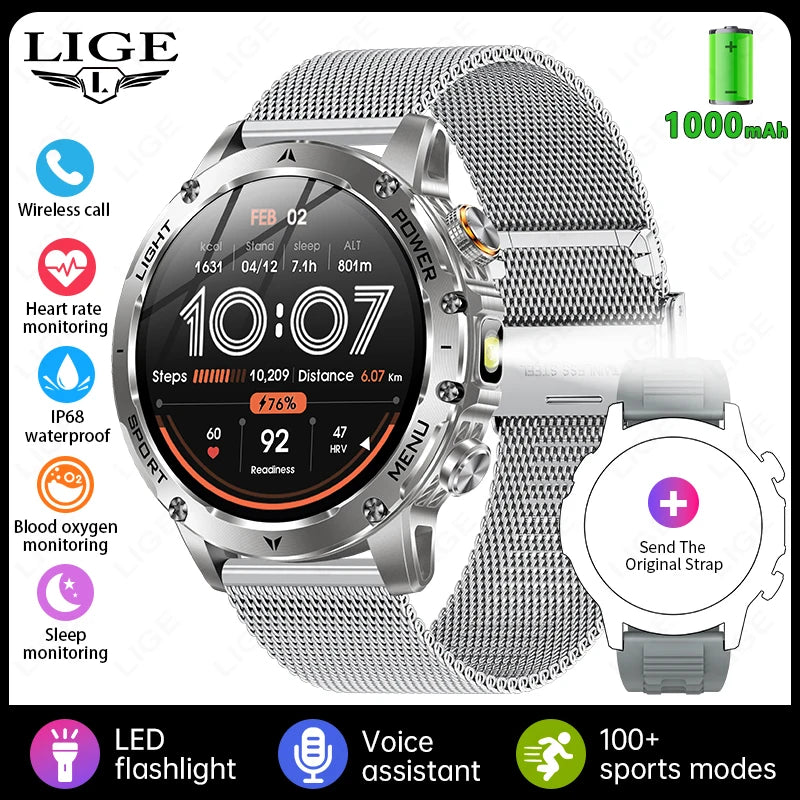 LIGE 2026 New Ultra Military Grade 1000mAh Battery Smart Watch For Men IP68 Waterproof Sports Fitness Bluetooth Call Smartwatch