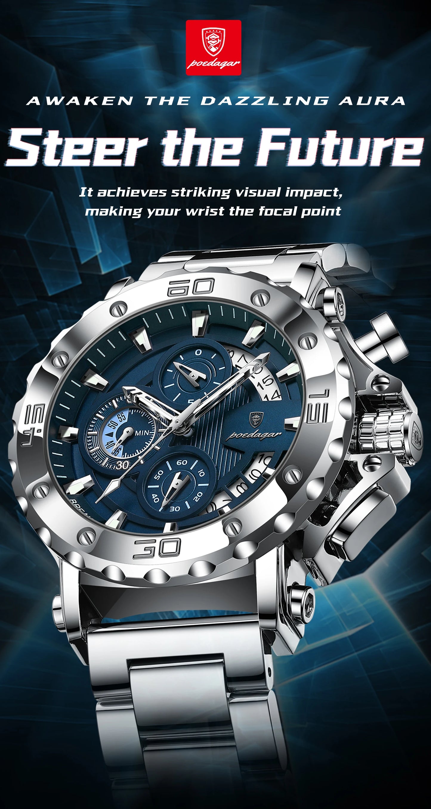 POEDAGAR Top Business Men's Wristwatch Luminous Waterproof Man Clock Chronograph Calendar Stainless Steel Quartz Watches For Men