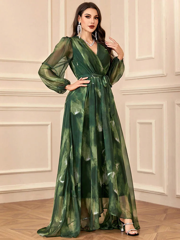 TOLEEN Women's V-Neck Cross Wrap Elegant Long Sleeve Random Print Summer Dress 2024 New Spring Casual Formal Party Maxi Dresses