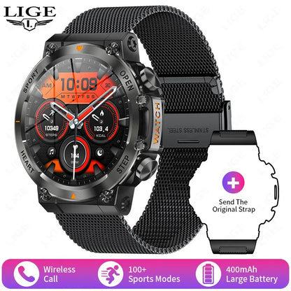 LIGE 2026 Nowy Zewnętrzny Wojskowy Zegarek Smartwatch z Baterią 400 mAh, Wodoodporność 5ATM, Latarka, Monitor Tętna, Tracker Sportowy dla Mężczyzn