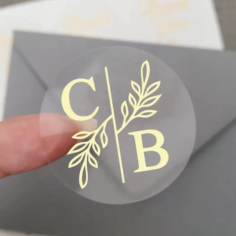 50pcs Custom Transparent Wedding Stickers, Square Transparent Stickers, Personalized Wedding Stickers with Gold Foil Labels