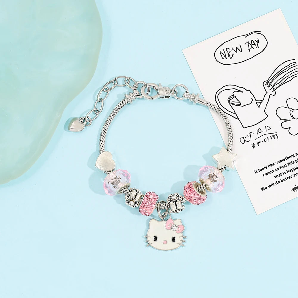 Sanrio Hello Kitty Alloy Pendant Necklace Bracelet Set Adjustable Cute Cartoon Anime Jewelry Gift for Women