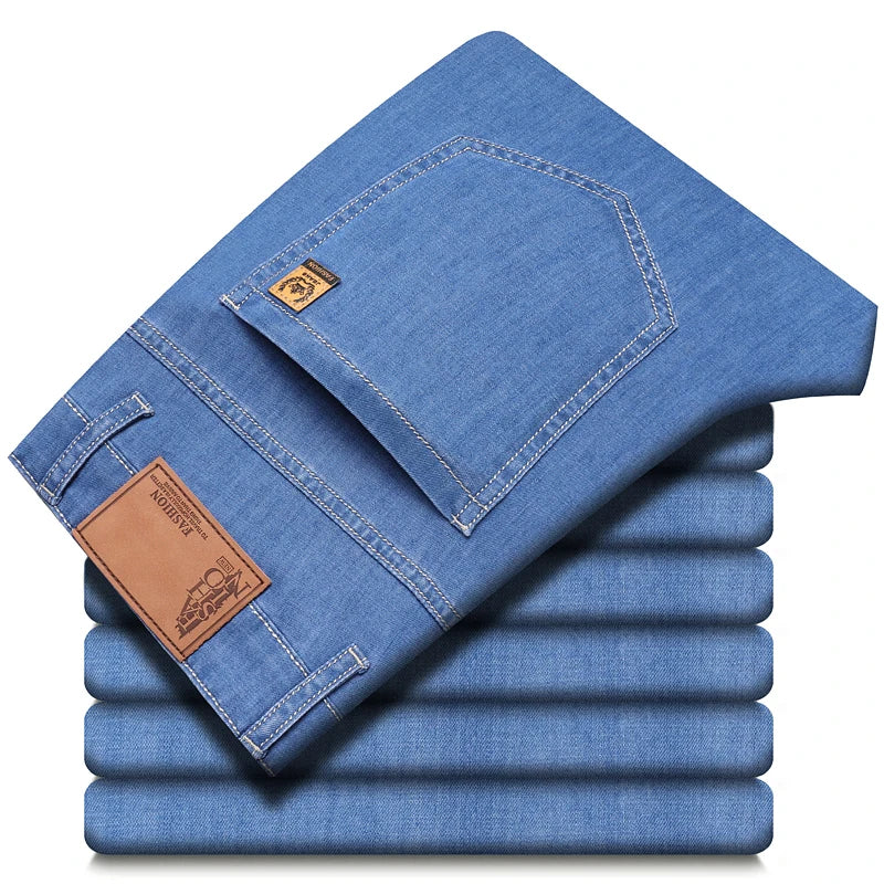 2026 New Spring Summer Ice Silk Thin Men's Light Blue Straight Slim Jeans Stylish Casual Stretch Denim Pants Classic Trousers 40