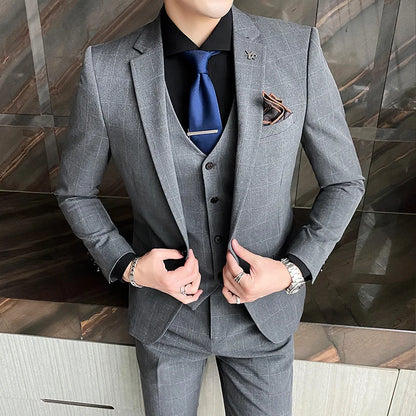 High-End Men's 3-Piece Smart Casual Business Suit Set with Vest Trousers British Dress for Party Wedding Elegant