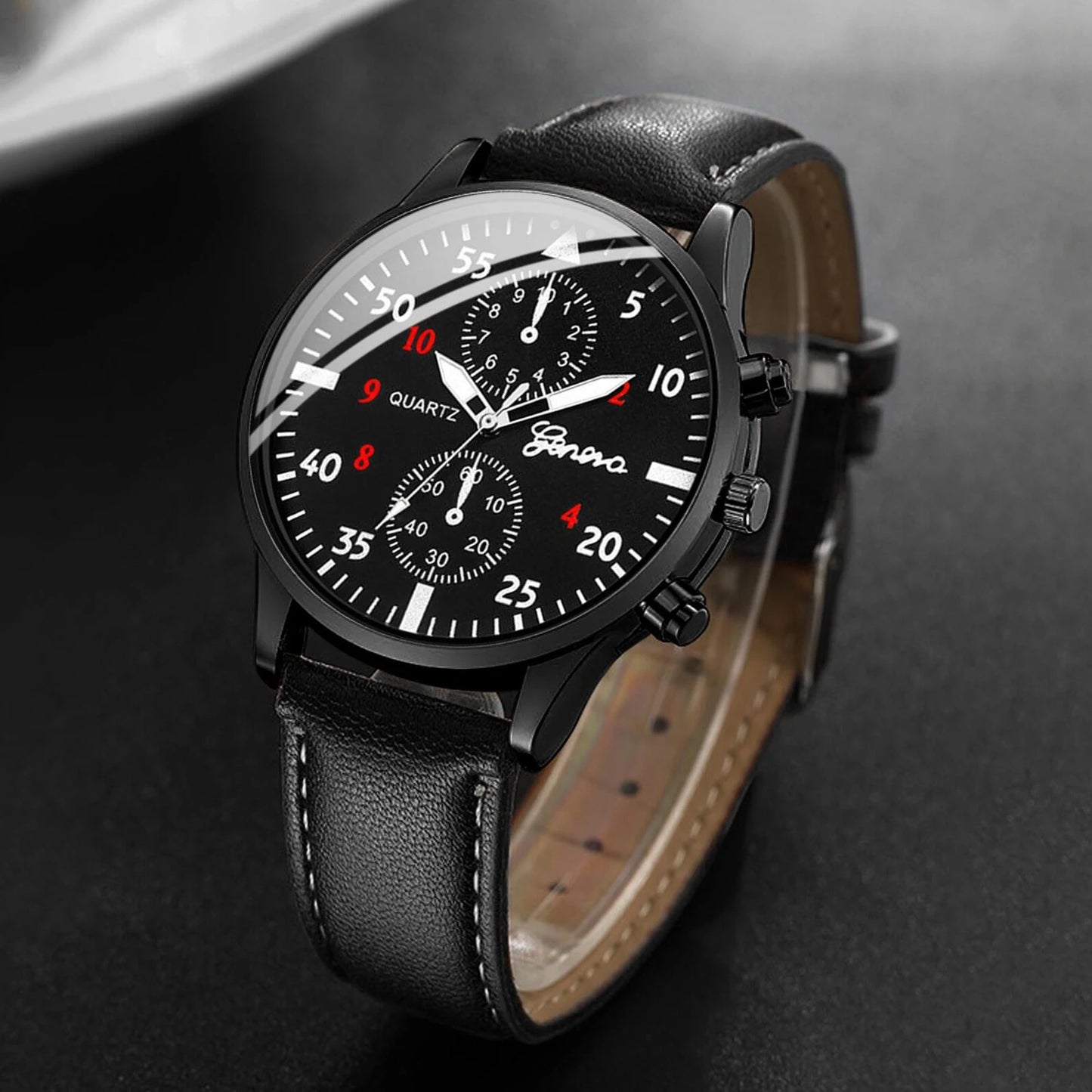 4PCS Fashion Men Business Watches Jewelry Set Casual Arabic Dial Male Leather Strap Quartz Wristwatch Reloj Hombre (Without Box)