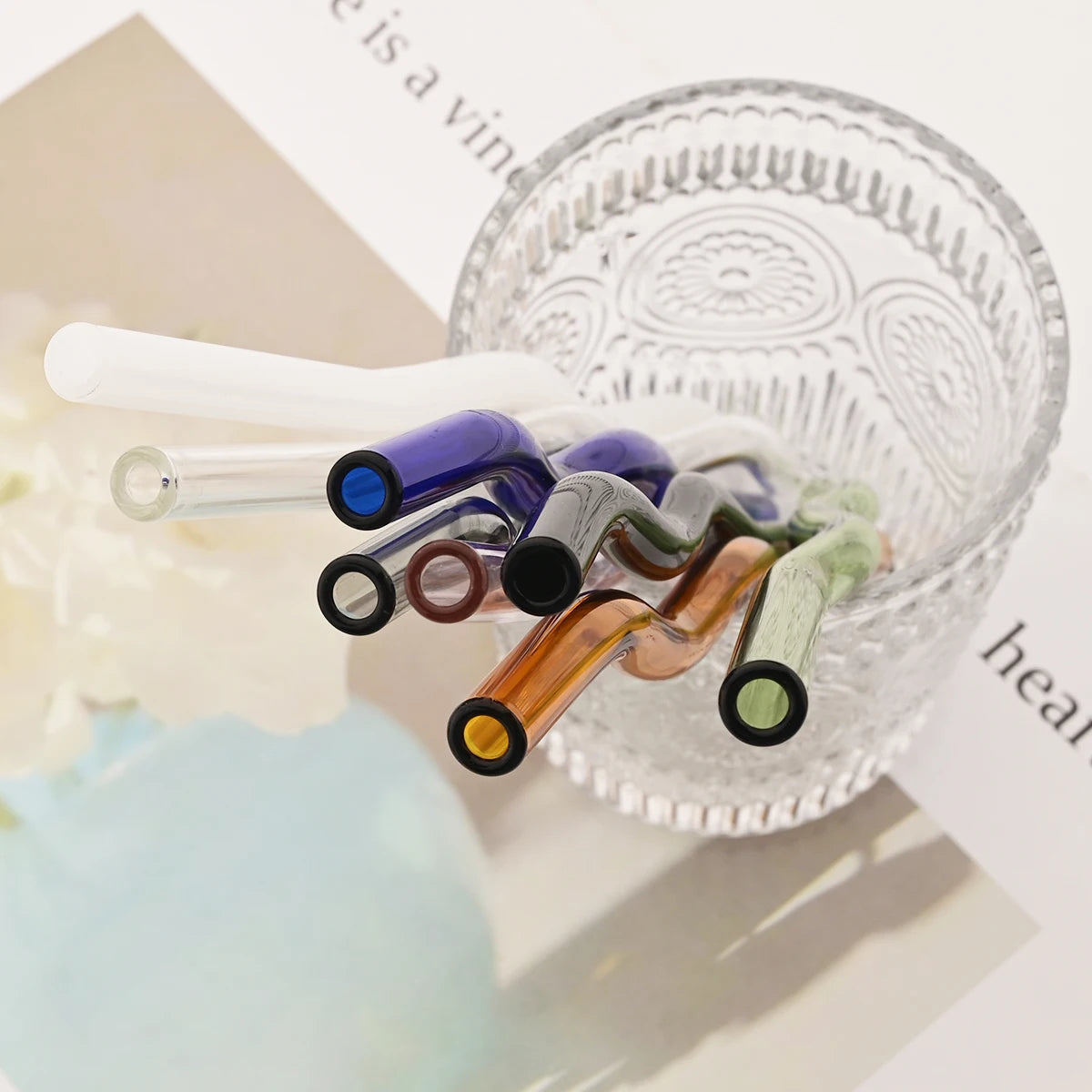 4pcs 200*8mm Glass Straws Wavy Colorful Drinking Straw Set with Brush High Borosilicate Glass Straw Kitchen Party Bar Drinkware