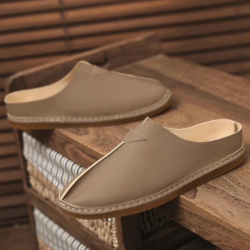 Fashion Leather Men Casual Shoes Slip on Man Loafers Breathable Soft Half Slippers Summer Flats Lightweight Lazy Driving Shoes
