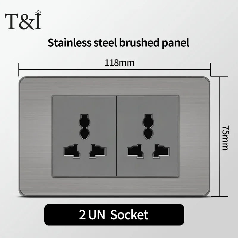 118 US Mexico Grey Stainless Steel Brushed 2way Electrical Light Switch Home Wall Socket Plug Double USB Type-C Power Outlet
