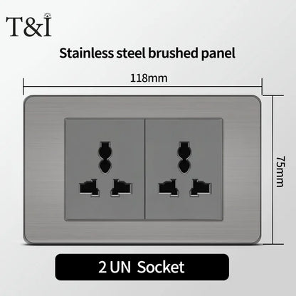 118 US Mexico Grey Stainless Steel Brushed 2way Electrical Light Switch Home Wall Socket Plug Double USB Type-C Power Outlet
