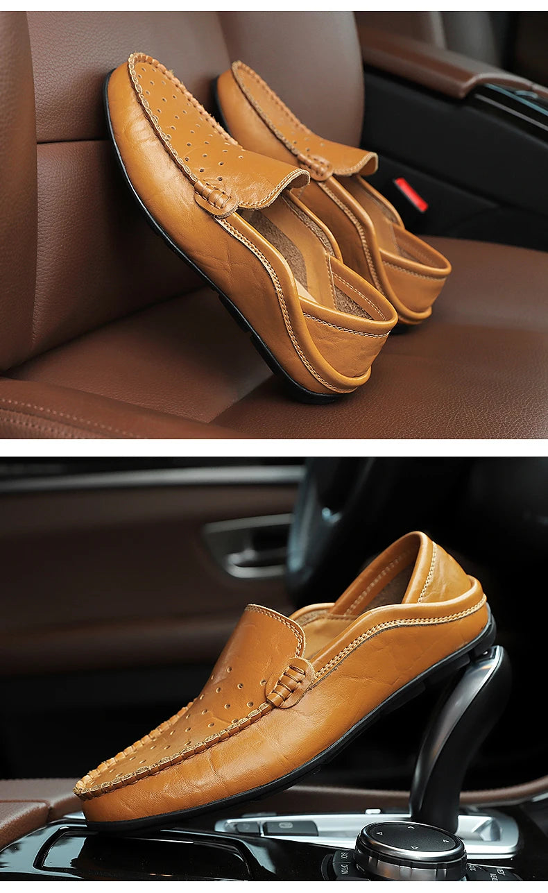 Men's Driving Shoes Large Size Loafers Hollow out Casual Bean Bean Shoes Leather Slip-On Footwear for Men