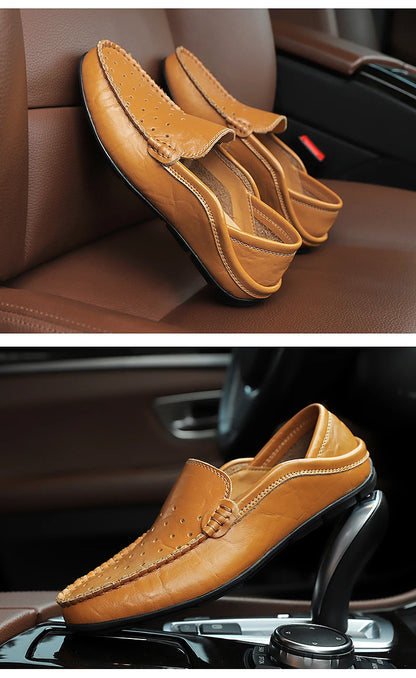 Men's Driving Shoes Large Size Loafers Hollow out Casual Bean Bean Shoes Leather Slip-On Footwear for Men