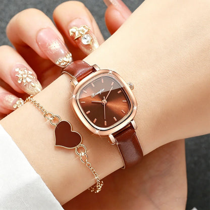 5PCS/Set Elegant Square Women Quartz Watch Leather Strap Wristwatches Heart Jewelry Set Relogio Feminino (Without Box)