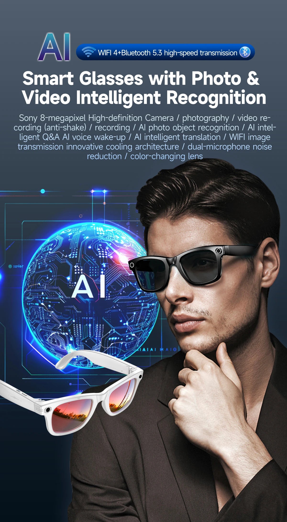 New Leisure Camera Smart Glasses 800W 32GB Memory AI Translation Voice Assistant Video Recording Men Anti Blue Light Sunglasses