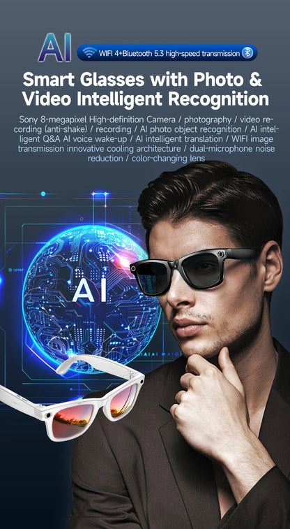 New Leisure Camera Smart Glasses 800W 32GB Memory AI Translation Voice Assistant Video Recording Men Anti Blue Light Sunglasses
