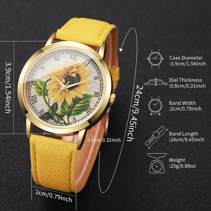 6PCS/Set Fashion Flower Dial Women Watches Leather Strap Quartz Watch Daisy Jewelry Set Reloj Mujer (Without Box)