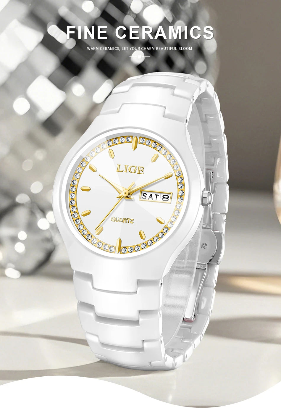 LIGE Women's wristwatch elegant women's watch ceramic quartz waterproof clock week calendar fashion Watch for Women reloj mujer
