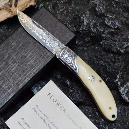 Damascus Steel Pocket Knife Cowbone Handle Outdoor Folding Knife High Hardness Wilderness Camping Survival and Self-Defense TOOL