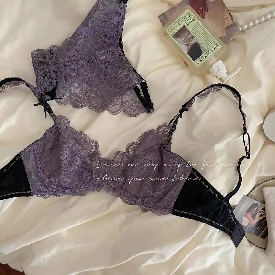 Romantic Atmosphere Lace Minimizer Bra Ultra Thin Sponge Free Wirefree Women Seamless Full Coverage Bust Push Up Set BANERDANNI