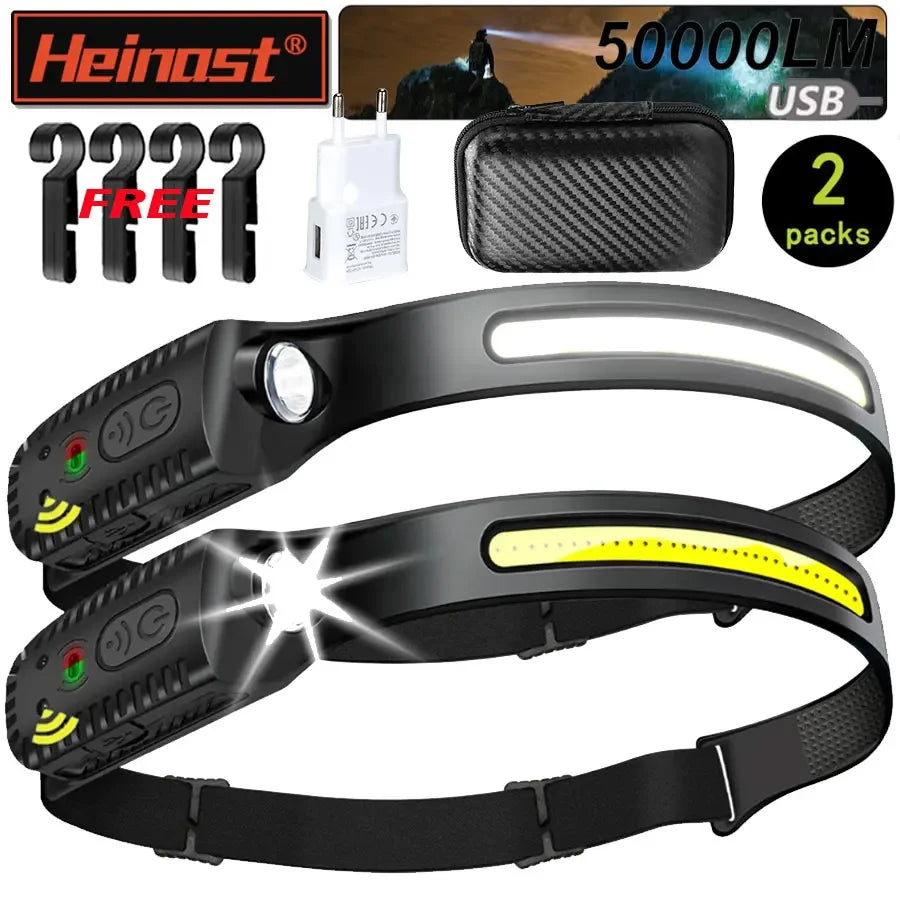 COB LED Headlamp Induction Head Lamp Built-in Battery USB Rechargeable Head Flashlight Outdoor Camping Fishing Sensor Headlight