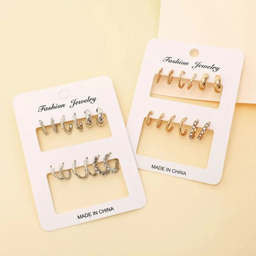 6Pcs/set Stainless Steel Crystal Zirconia Hoop Earring for Women Metal Circle Geometric Cartilage Piercing Earrings Set Jewelry