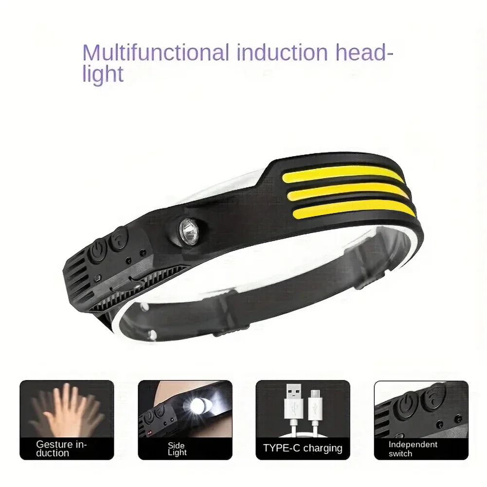COB LED Headlamp Induction Head Lamp Built-in Battery USB Rechargeable Head Flashlight Outdoor Camping Fishing Sensor Headlight