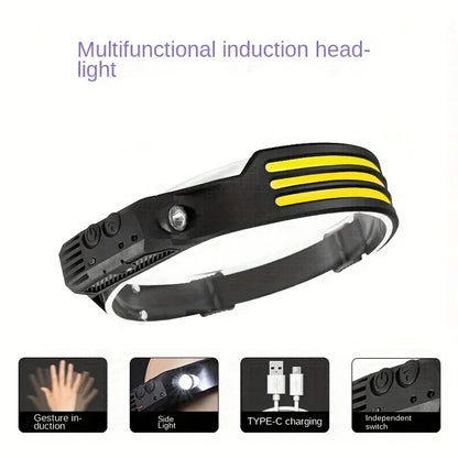COB LED Headlamp Induction Head Lamp Built-in Battery USB Rechargeable Head Flashlight Outdoor Camping Fishing Sensor Headlight