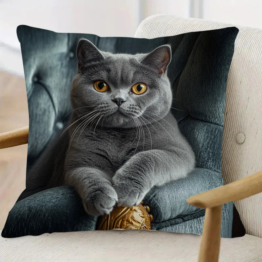 Pillow Case Shorthaired Silvery Grey Cat On Armchair with Phone Throw Pillow Covers Fashion Pillowcase 45x45cm Home Decor