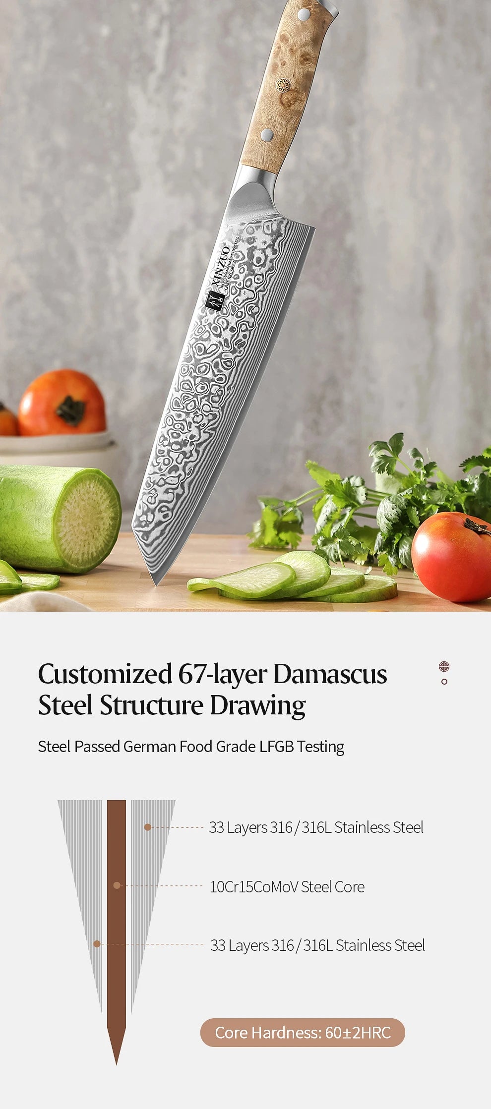 XINZUO Bunka Knife 8.3 Inches 67 Layers Damascus Steel Handcrafted Kitchen Tool Figured Sycamore Wood Handle High-end Gifts