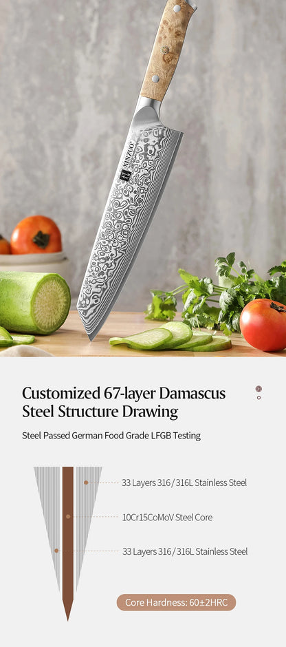 XINZUO Bunka Knife 8.3 Inches 67 Layers Damascus Steel Handcrafted Kitchen Tool Figured Sycamore Wood Handle High-end Gifts