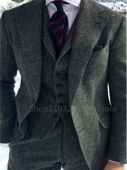 3 Piece Gray Herringbone Winter Suit for Men Wool Tweed Slim Fit Formal Groom Wedding Tuxedo Sets Business Wedding Male Suits