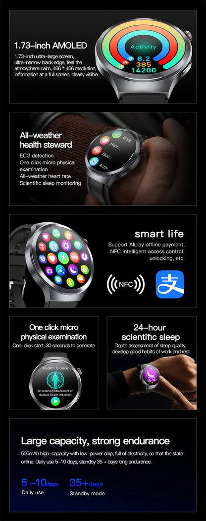 2026New 1.73-inch Sapphire AMOLED Smart Watch Men Women ECG Uric Acid Blood Pressure Health Track Call Clock Care Smartwatch NFC