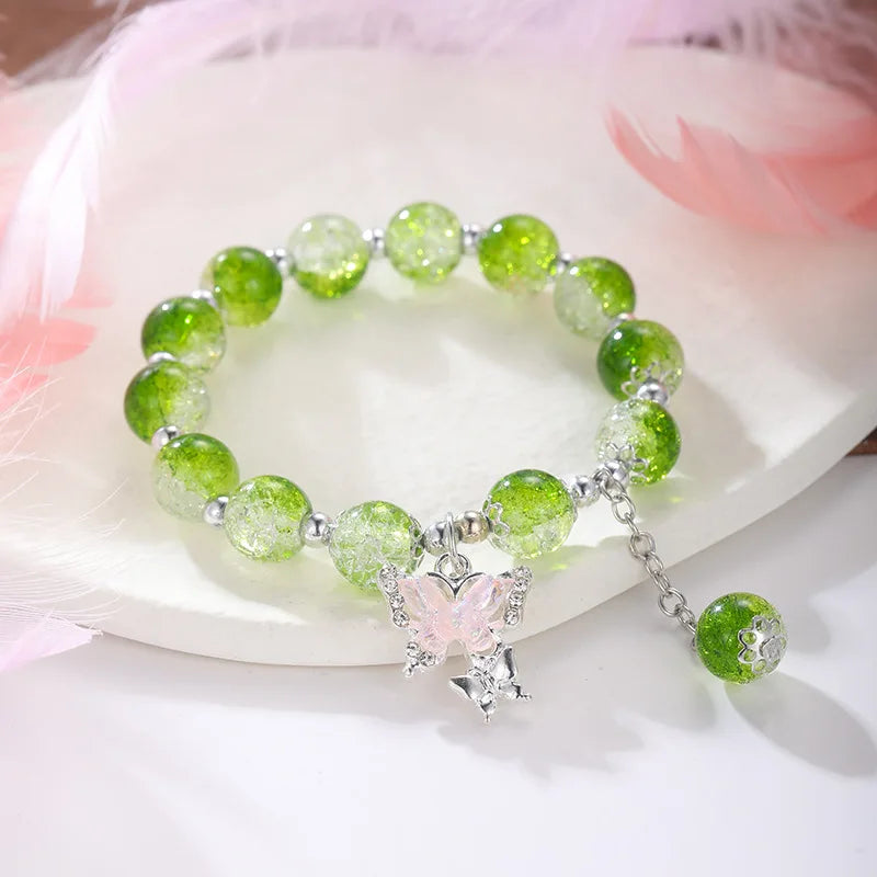 Bohemian Sweet Butterfly Beaded Bracelet for Women Girls Pink Color Imitation Jade Crystal Hand Jewelry Birthday Party Gifts