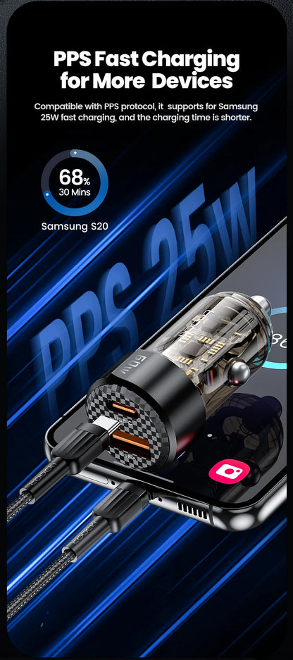 Toocki Transparent USB Type C Car Charger PD QC 3.0 Fast Charging 60W USB C Car Mobile Phone Charger Adapter For iphone Android