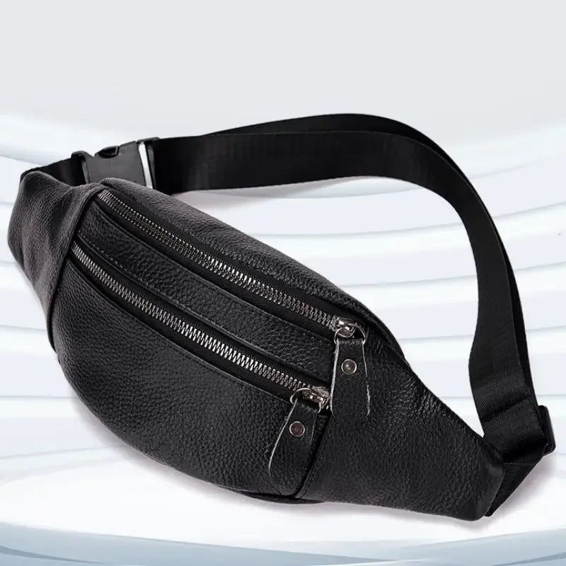 Men's Genuine Leather Chest Bag Double Zipper Cowhide Fanny Pack Casual Crossbody Sling Bag for Daily Commute & Travel
