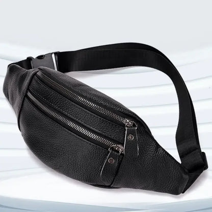 Men's Genuine Leather Chest Bag Double Zipper Cowhide Fanny Pack Casual Crossbody Sling Bag for Daily Commute & Travel