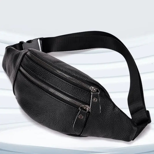 Men's Genuine Leather Chest Bag Double Zipper Cowhide Fanny Pack Casual Crossbody Sling Bag for Daily Commute & Travel