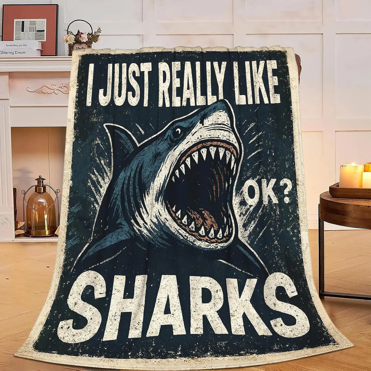 Vintage Grunge Great White Shark Letter Print Flannel Throw Blanket, Soft Warm Sofa Cover, Ocean Gift For Bedroom Daily Rest Use