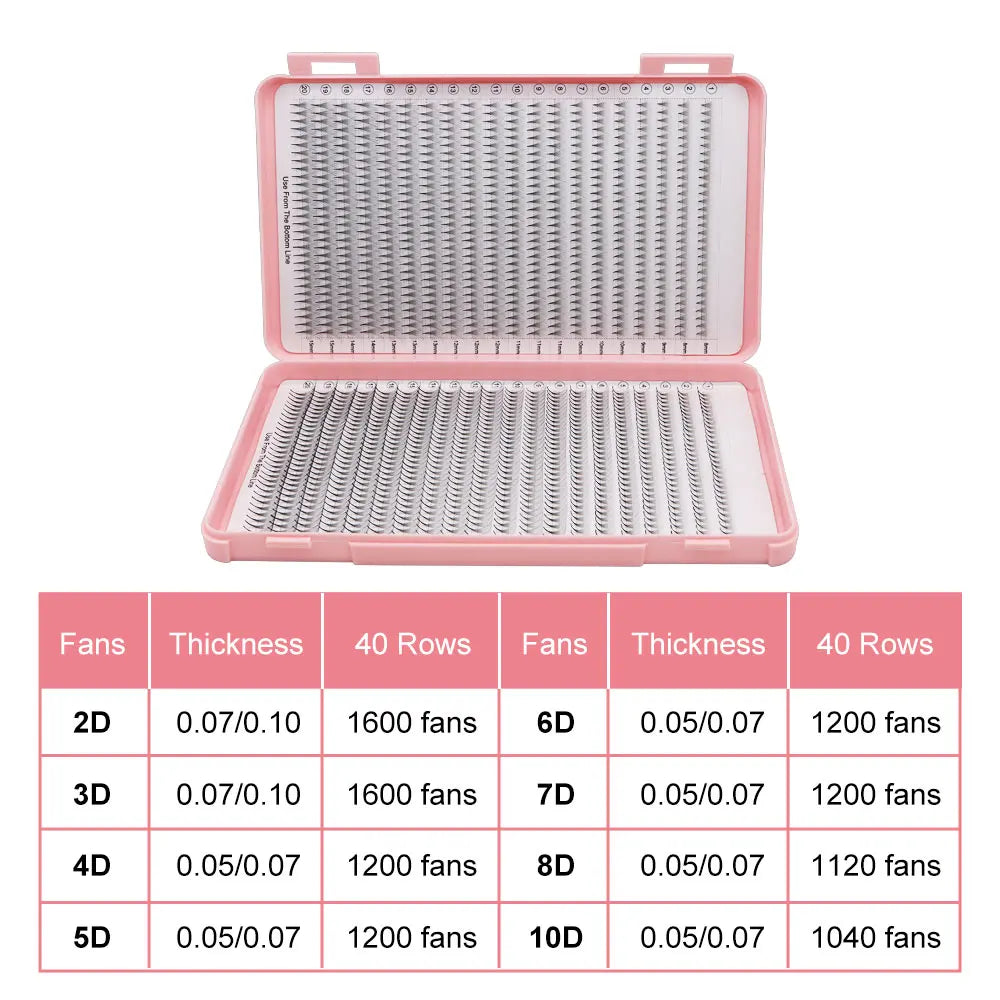 40Rows Handmade Eyelash Extensions Mega Trays Premade Narrow Volume Fans Ultra Dark Pointy Base for Professional Use