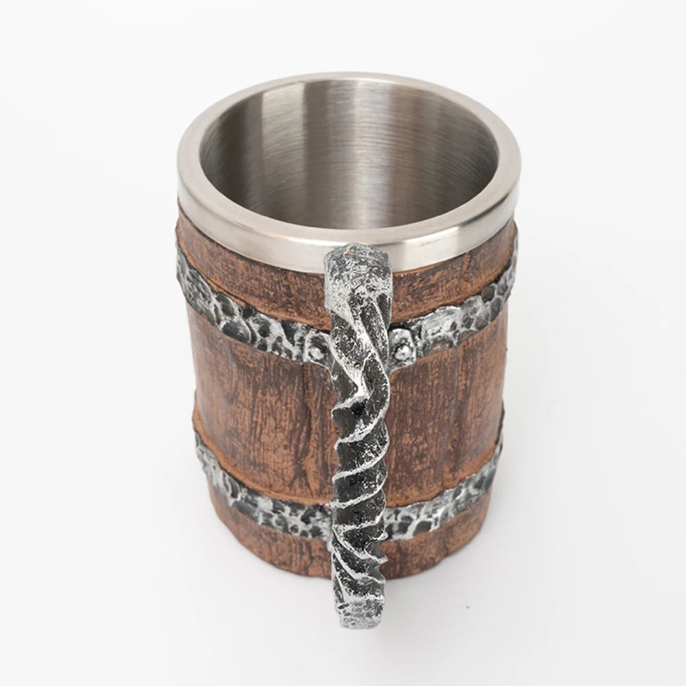 Wooden Barrel Beer Cup Stainless Steel Coffee Mug Viking Style Vintage Beer Mug Double Wall Drinking Cup Halloween Bar Drinkware