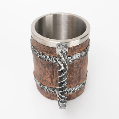 Wooden Barrel Beer Cup Stainless Steel Coffee Mug Viking Style Vintage Beer Mug Double Wall Drinking Cup Halloween Bar Drinkware