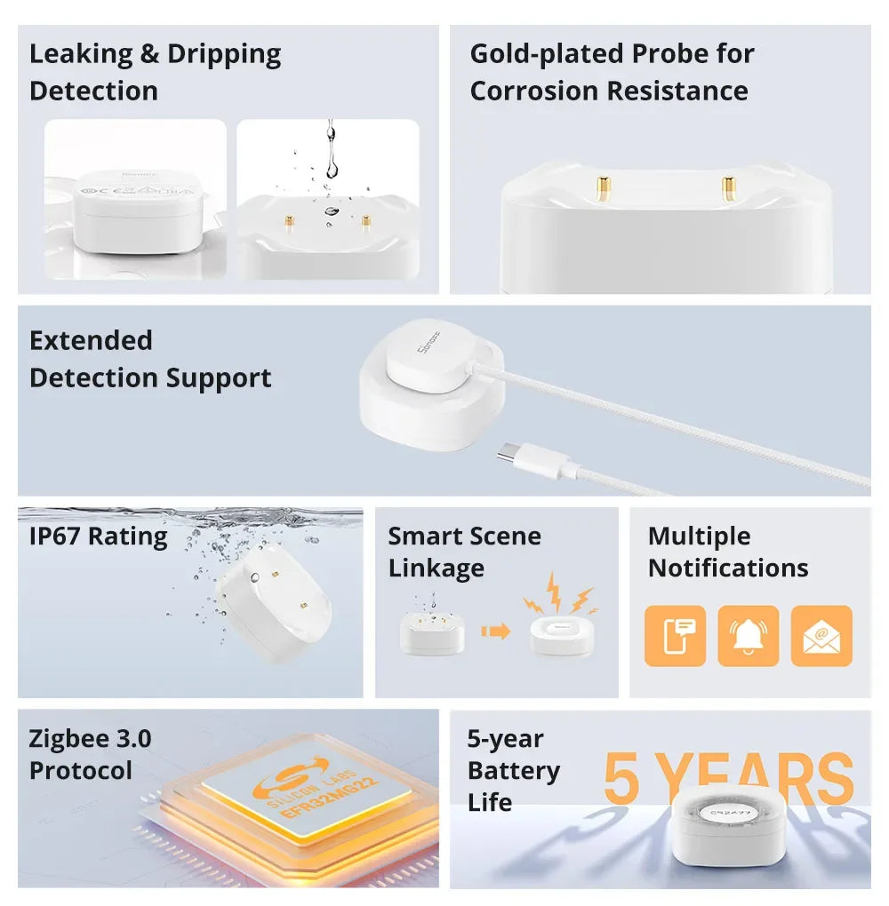 SONOFF SNZB-05P Water Leak Sensor With Detection Cable 5-Year Battery IP67 Waterproof Smart Alarms Works With Alexa Google Home