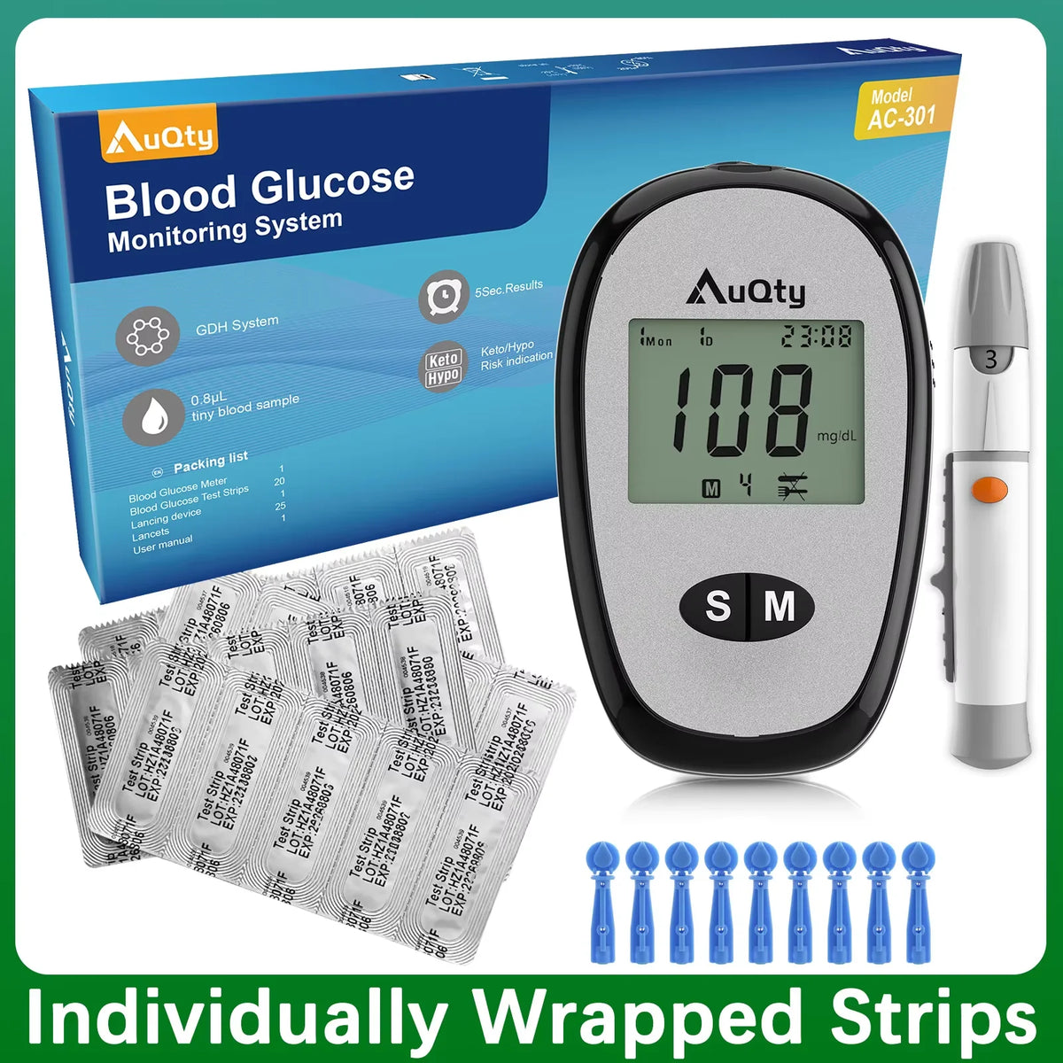 Blood Glucose Meter With Individually Wrapped Glucose Test Strip Glucometer Kit Blood Sugar Monitor for Diabetes Fast Result