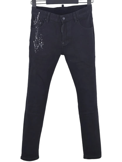 6057 Four Seasons New Men's Wear Washed Ripped Patch Paint Slim-fit Feet Blue Jeans for Men