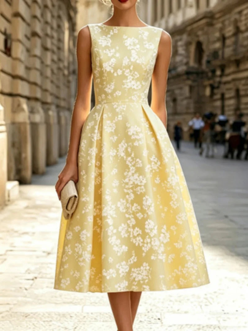 Floral Short-Sleeve Dress Round Neck Fitted Waist A-Line Mid-Length European Style French Charm Women's Casual Dresses