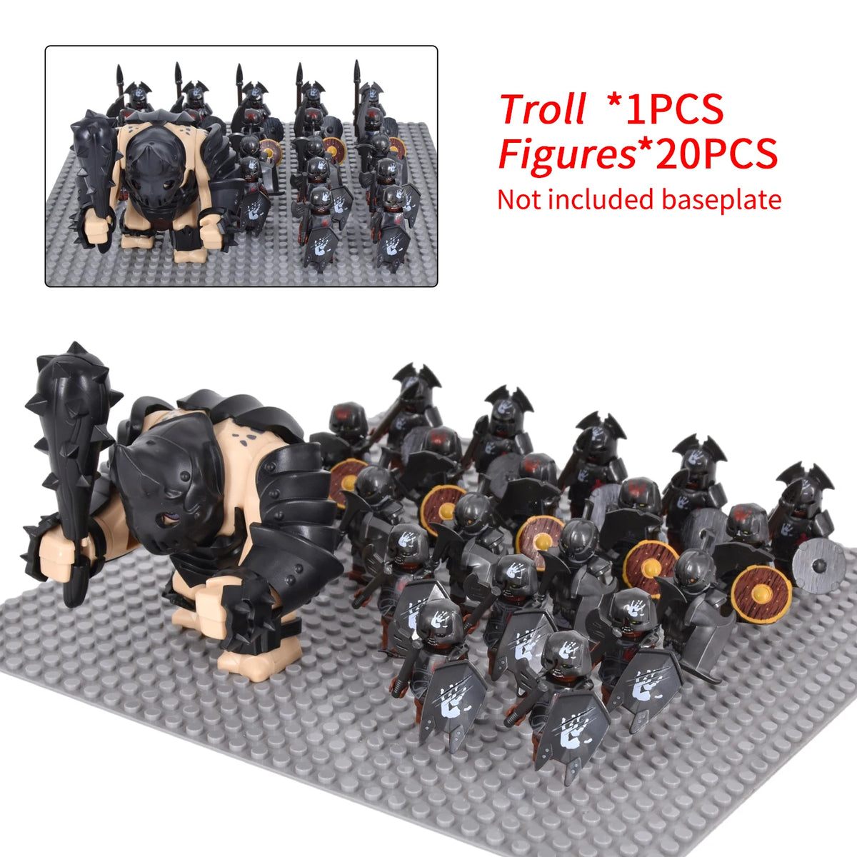 Medieval Battle Scene Building Blocks Beige Giant Troll Beast-Drawn Chariot 10 Warrior Bricks Figures MOC Collectible Model Toy